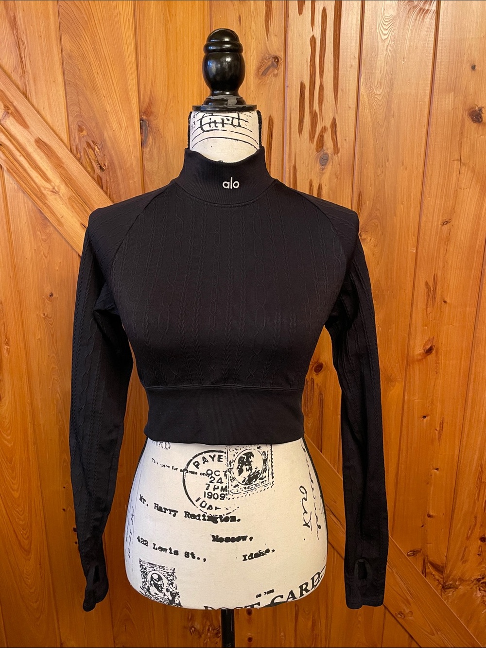 ALO Yoga Black Cropped cable knit Mock-Neck Long Sleeve Top